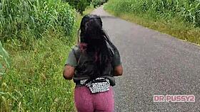 Ebony Prostitute With Big Ass In Leggings Runs Alone In The Forest.