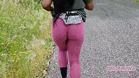 Ebony Prostitute With Big Ass In Leggings Runs Alone In The Forest.