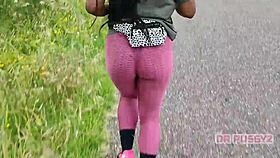 Ebony Prostitute With Big Ass In Leggings Runs Alone In The Forest.