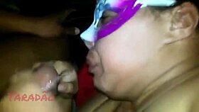 Latina milf with saggy tits gets cum on mouth and face