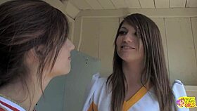 Sexy skinny lesbians kiss and lick smooth cunts!