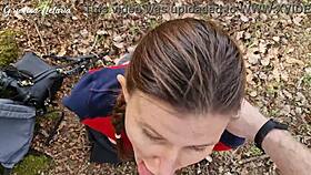 Shy russian girl gives slobbery blowjob on first date in woods