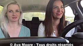 lucky guy gets his first blowjob from two french sluts on the roadside, emptying his balls in pov outdoor sex