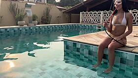Sexy Young Wife Fucks By Pool After Smoking Hookah, Deepthroating And Gagging On Juicy Cock