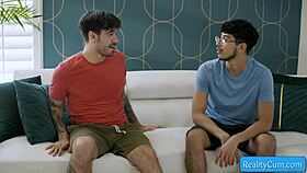 Busty milf seduces teen boy with perky nipples.