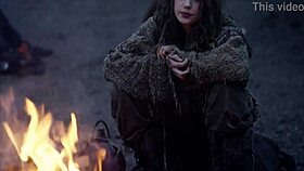 In this fantasy cosplay, the bare maiden MASTURBATES by the CAMPFIRE all alone, showing off her small tits in public