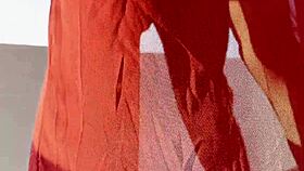 Horny Ladyboy in Red Bangs Client Candy