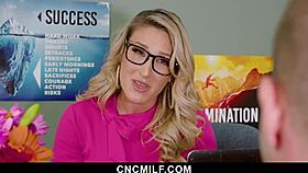 The boss milf motivates her employee with determination.