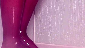 Teasing nylon feet in the wet shower, stockings on toes.