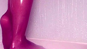 Teasing nylon feet in the wet shower, stockings on toes.