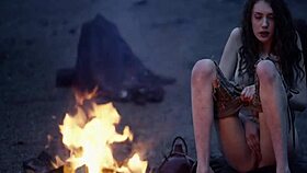 In this fantasy cosplay, the bare maiden MASTURBATES by the CAMPFIRE all alone, showing off her small tits in public
