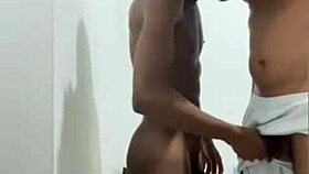 I dominate the skinny Brazilian guy against the wall with strong thrusts.