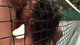 redhead gets licked and fucked bent over on tennis court