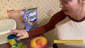 Blowjob in the kitchen with a teen's feet and shoes.