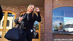 busty blonde gets picked up by porn agent for hardcore blowjob and cumshot