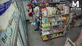 promiscuous mart gets bent over for blowjob at work with long-haired clerk