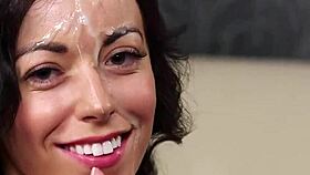 Can this slutty stunner handle jizz shot on her face while gulping all the cum in blowbang?