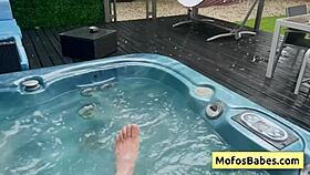 Beautiful brunette babe seduces friend with boobs and sucks huge dick