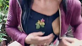latina milf flashes big clit on nature walk 😊