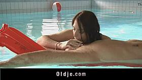 The old guy screwed sweet redhead teen with a wide mouth at the pool