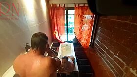 peep voyeur catches fat housewife undressing, stripping in the shower, washing with soap, shaving her pussy in the bath.