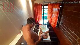 peep voyeur catches fat housewife undressing, stripping in the shower, washing with soap, shaving her pussy in the bath.