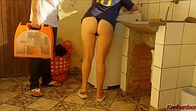 Married housewife pays washing machine technician with her assistance