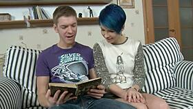 blue haired girl sucking cock and fucking in heels and lingerie