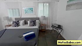 Beautiful brunette babe seduces friend with boobs and sucks huge dick