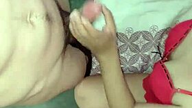 Stepmom in red dress hints at good morning blowjob for favorite stepson