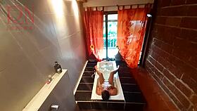 peep voyeur catches fat housewife undressing, stripping in the shower, washing with soap, shaving her pussy in the bath.