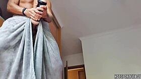 a sexy latino bodybuilder fucks his fleshlight at the window and cums inside it