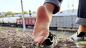 Teasing With Tan Nylon Soles On Bench?