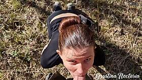 Girl next door bends over for doggystyle fuck and blowjob in the forest.