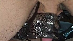 Glove-wearing milf milks cock with her mouth while wearing a thong 😏
