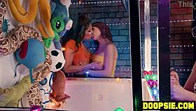 Two Big Dick Shemale Hotties Dominate Tiny 18+ Asian Teen at Arcade.