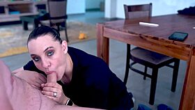 milf's close-up blowjob with eye contact ends in cum in mouth