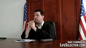 Interactive hardcore sex with blowjob, fingering, and assfucking in POV courtroom scene.