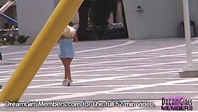 Hey, wanna see this hot blonde flash shaved pussy in public?