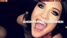 brunette with big tits eagerly sucks cock at gloryhole, mixing sloppy blowjobs and deepthroat