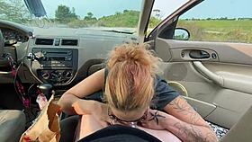 She gives a blow job in the car.