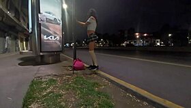 Shemale latina flashes in public outdoor crossdressing with deep throat saliva