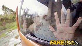 In a fake driving school, the big-titted Italian student rides her teacher's huge cock in doggystyle and cowgirl outdoors