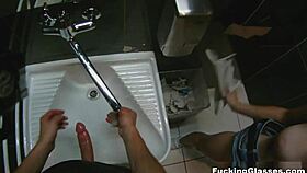 mazy teen says, 'fuck me in the public restroom' with glasses on, bent over for doggystyle and blowjob