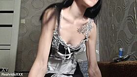 skinny 40-kilos babe plays with ben wa balls in fishnets