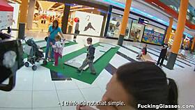 mazy teen says, 'fuck me in the public restroom' with glasses on, bent over for doggystyle and blowjob