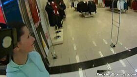 mazy teen says, 'fuck me in the public restroom' with glasses on, bent over for doggystyle and blowjob