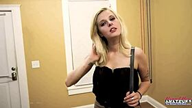 petite blonde mya fingers shaved pussy while handjobbing cock