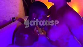 Hotwife teases bareback ride with black stud in tub