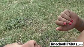 Knocked up slut says, 'i'll take care of this cock outdoors'